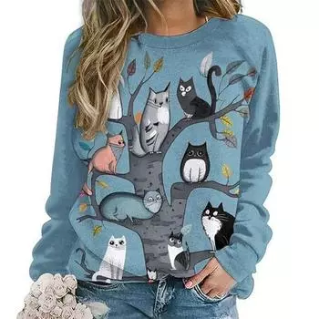 Милые кошачьи цветочные толстовки с цветочным принтом 3D для женщин, новые толстовки с круглым вырезом, повседневная уличная одежда Y2k, пуловеры Harajuku, женская одежда S