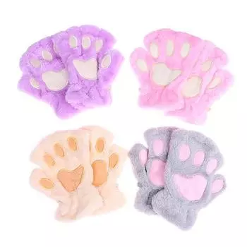 Милые кошачьи лапы, перчатки без пальцев, теплые мягкие плюшевые перчатки без пальцев, половина пальца чёрный