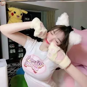 Милые кошачьи лапы, пушистые коготь, перчатки без пальцев, теплые мягкие плюшевые перчатки без пальцев с пандой, женские зимние перчатки с половиной пальца, рождественские подарки чёрный