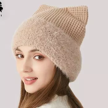 Милые кошачьи ушки для девочек (Хлеб в форме кошачьих ушей, приготовленный на пару) зимой утолщенная вязаная шапка для защиты ушей универсальная однотонная шерстяная шапка One size чёрный