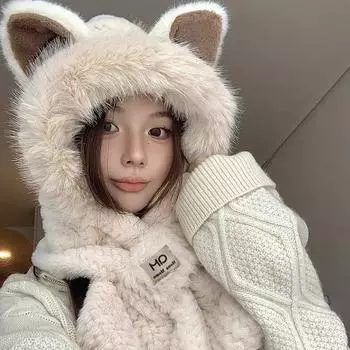 Милые кошачьи ушки Jinjila плюшевая защитная шапка для ушей детская осенне-зимняя шапка шарф интегрированная велосипедная шапка Lei Feng M (56-58cm) Fox Two-piece Set бежевый