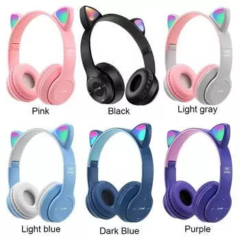 Милые кошачьи ушки с фонариком, беспроводные наушники с голосовым управлением, совместимые с Bluetooth, розовые наушники для маленькой девочки, подарок с рисунком и микрофоном