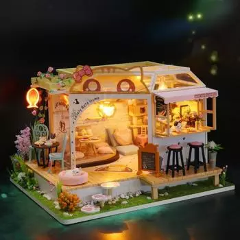 Милые кошки, домашний магазин кошачьего кафе, кукольный домик, деревянные игрушки ручной работы, хижина, 3D-головоломка, кошачье кафе, небольшой сад, подарки на день рождения для детей with English manual