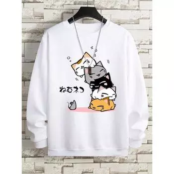 Милые кошки, одежда для сна, мужская толстовка с капюшоном и круглым вырезом, винтажные повседневные свободные толстовки с капюшоном, осенняя свободная одежда, пуловеры и длинные рукава для мужчин S