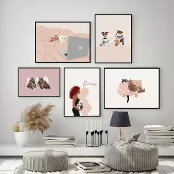 Милые кошки пара настенное искусство постер и печать забавное животное енотовидная собака холст картина девушка кошка картинки для гостиной домашний декор 21x30cm No Framed красный