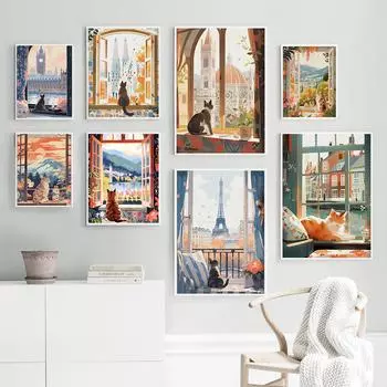 Милые кошки выглядят пейзаж настенные художественные принты холст картины путешествия Флоренция гора Фудзи Париж Греция плакаты для декора гостиной 21x30cm No Framed белый