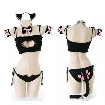 Милые костюмы для косплея Neko, милый бюстгальтер с кошачьим воротником в стиле Лолиты, короткий комплект нижнего белья, сексуальное женское белье, колье-колокольчик + топ + трусики + хвост One Size