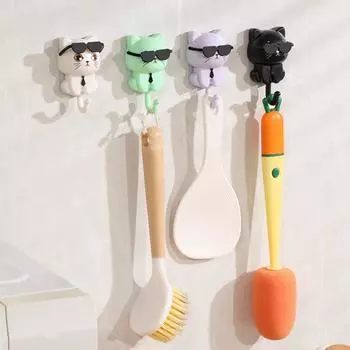 Милые крючки для кухни с котами, настенные вешалки для ключей с героями мультфильмов, вешалки для хранения ключей, зонтов, полотенец, самоклеящиеся пластиковые крючки для ванной чёрный