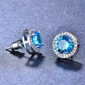 Милые круглые серьги-гвоздики с разноцветными кристаллами для девочек, женские, серебряные, розового золота 925 пробы, белые, синие, зеленые, огненные опаловые серьги с фианитом серебро белый