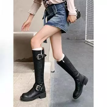 Милые крутые малышки, круглые сапоги с пряжкой на ремне, женские сапоги в стиле ретро на толстом среднем каблуке 35 коричневый