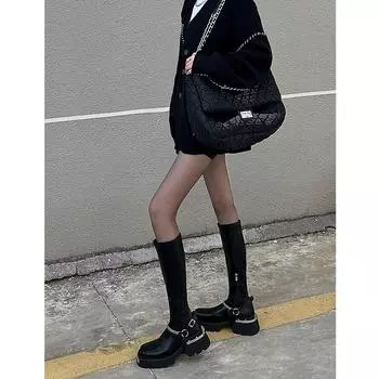 Милые крутые рыцарские сапоги женские сапоги мягкие кожаные на платформе тяжелые металлические локомотивные сапоги маленькие сапоги Niche 35