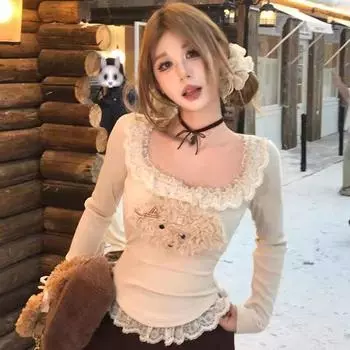 Милые кружевные футболки для девочек с квадратными воротниками, топы Y2K для женщин, футболки, повседневные топы, модная женская одежда, дизайнерские футболки S хаки