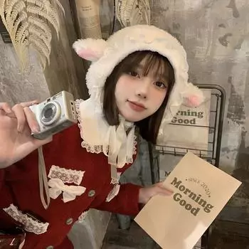 Милые кружевные шапки с кошачьими ушками, теплые, мягкие, симпатичные, с овечьими ушками, шапки-бини для улицы, зимние, теплые шапки, рождественский подарок 52-58cm