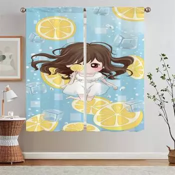 Милые кружевные шторы с лимонным фруктом, шкафы для гостиной, украшение гостиной, короткие оконные шторы, жалюзи для дома, шифоновая штора W50xH70cmx2pcs-CL