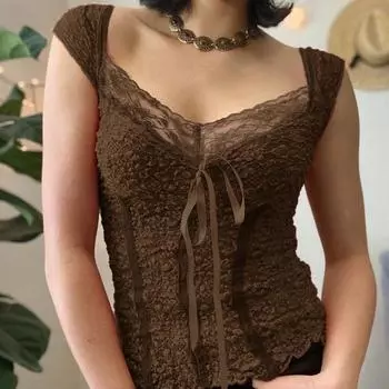 Милые кружевные топы, женская футболка с открытыми плечами и шнурком, корейская модная женская футболка, уличная одежда в стиле фея в стиле гранж S коричневый