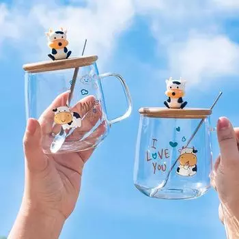 Милые кружки, кофейные чашки, креативная мультяшная корова, стеклянная кружка с крышкой, ложка, стаканы для напитков, чайная чашка, рождественский подарок, Cupshe 401-500ml