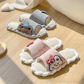 Милые льняные хлопковые домашние нескользящие тапочки для пар 44-45 (fits 43-44 feet) серый