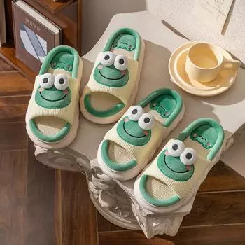 Милые льняные тапочки с лягушкой, женские нескользящие хлопковые льняные тапочки на толстой подошве, весна-лето, каваи, домашние домашние тапочки 36-37 зелёный