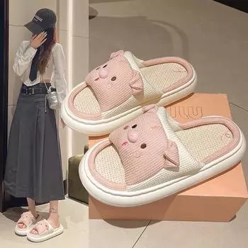 Милые льняные тапочки-свинки с 3D-дизайном животных, толстая подошва, домашняя обувь Four Seasons 40-41 розовый