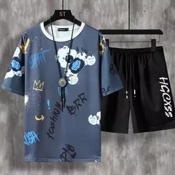 Милые летние повседневные комплекты, мужская милая футболка с короткими рукавами и дышащие свободные шорты, комплекты из двух предметов, спортивный костюм, трендовая мужская футболка 5XL