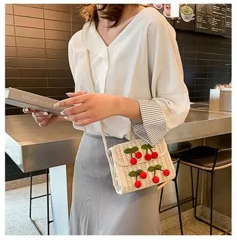 Милые летние соломенные сумки через плечо для женщин, плетеные сумки, женские пляжные сумки цвета вишни, универсальная сумка-мессенджер через плечо для девочек белый