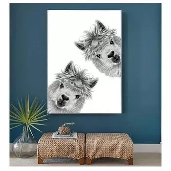 Милые любопытные ламы, детские принты, скандинавская детская декоративная картина, картина для декора детской комнаты, черный, белый цвет, холст с животными, постер 21cm30cm NoFrame