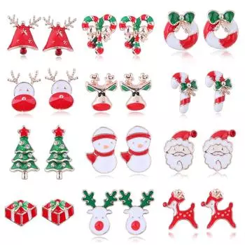 Милые маленькие подарочные серьги с изображением лося Санта-Клауса, серьги-снежинки с рождественской елкой и бриллиантами