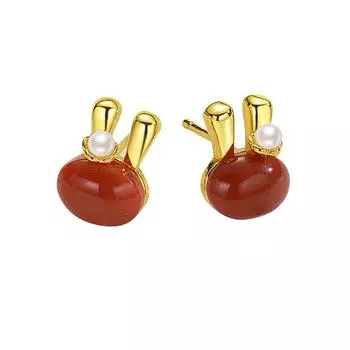 Милые маленькие серьги с кроликом из нефрита белого нефрита Южно-красного цвета, маленькие серьги Серьги года кролика