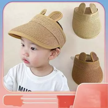Милые медвежьи уши, пустой цилиндр, детская соломенная кепка, детская соломенная кепка с длинными полями, солнцезащитные козырьки, детский регулируемый летний пляжный чепчик, реквизит для мальчиков и девочек бежевый