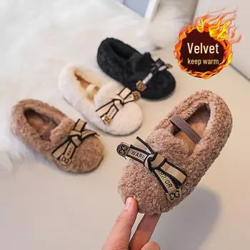 Милые меховые туфли для девочек 2024 года — на бархатной подкладке, из теплого хлопка для осени/зимы 25 белый