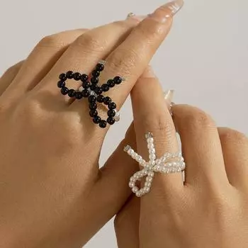 Милые милые кольца с бантом из бисера для женщин и девочек Y2K, модные черные, белые бусины с искусственным жемчугом, кольцо на палец, ювелирные аксессуары