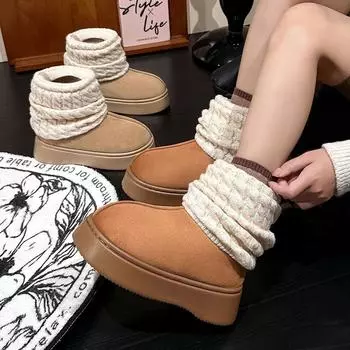 Милые милые плюшевые зимние сапоги для женщин, новые вязаные теплые зимние сапоги для женщин с толстой подошвой, нескользящие, с хлопковой подкладкой 36-37 бежевый