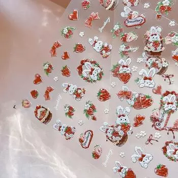 Милые милые рельефные наклейки с кроликами, наклейки для дизайна ногтей с клубничным цветком, декоративные наклейки с маленьким узором, маникюрные наклейки