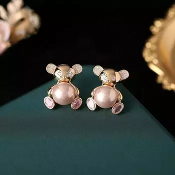 Милые милые серьги-гвоздики с медвежьими ушками для девочек, шпильки с жемчугом и жемчугом, роскошный дизайн, эффектные ювелирные изделия с позолоченным покрытием розовый