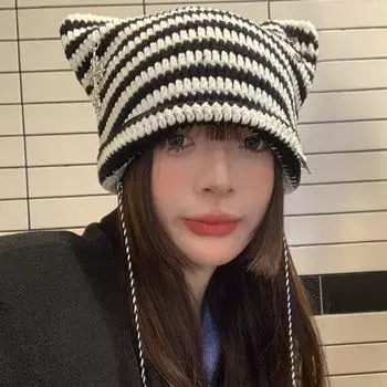 Милые милые забавные шапки Street Shot корейской версии, полосатые шапки с изображением дьявольских рогов, женские модные защитные шапки для ушей, холодная шапка 56-58cm