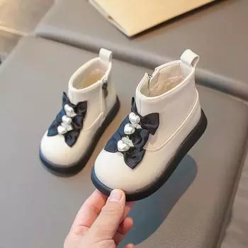 Милые модные ботинки для девочек, зимние детские ботинки для принцессы в стиле Лолиты, повседневные элегантные хлопковые ботинки, нескользящие, универсальные 21 чёрный