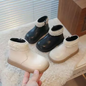Милые модные зимние ботинки для девочек, элегантные кружевные универсальные детские модные хлопковые ботинки, теплые повседневные детские бежевые ботильоны с боковой молнией 22 чёрный