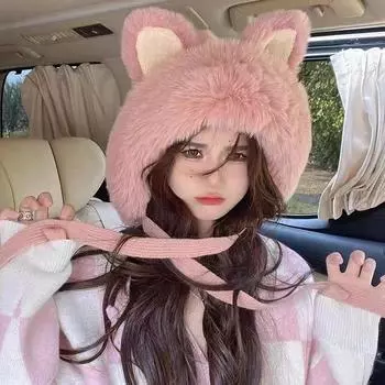 Милые мохнатые шапки-бомберы с лисьими ушками для женщин, осень и зима, корейская версия, универсальная утолщенная термозащита для ушей, лыжная шапка 56-58cm бежевый