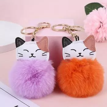 Милые мультяшные брелки для ключей в виде кота в японском стиле, плюшевый помпон, забавный подарочный брелок для женской сумочки, украшение белый