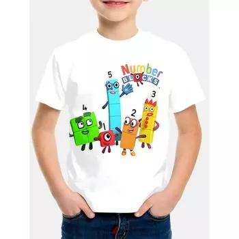 Милые мультяшные цифры Строительные блоки Белая футболка для мальчиков Детская одежда Детская одежда для мальчиков Верхние рубашки Топы с коротким рукавом S