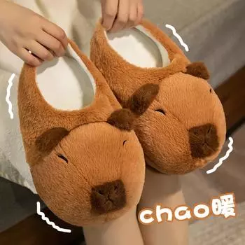 Милые мультяшные хлопковые тапочки Capybara, полуоблегающие балетки, мягкие, нескользящие, теплые, дышащие, домашние плюшевые тапочки для пар One Size