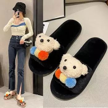Милые мультяшные хлопковые тапочки, мохнатые тапочки, женские домашние тапочки, осенне-зимние короткие плюшевые тапочки с плоской подошвой для дома, нескользящие тапочки 40/41 чёрный