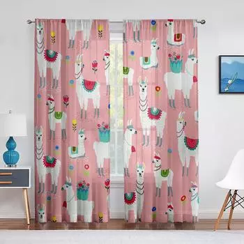 Милые мультяшные ламы, альпаки, животные, розовая прозрачная вуаль, занавеска для девочек, спальни, гостиной, кухни, окна, шифоновые тюль-шторы 1 PCS W100XH250cm&Rod Pocket