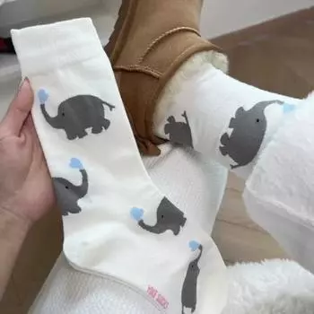 Милые мультяшные носки средней длины с изображением слона, летние весенние хлопковые корейские носки в милом стиле, мягкие, приятные к коже, мультяшные, повседневные, кавайные носки One Size