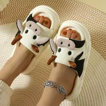 Милые мультяшные новинки, льняные тапочки, удобные, мягкие и льняные, подошва дышащая, нескользящая, бесшумная обувь 36-37