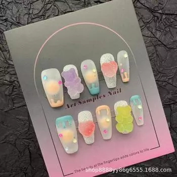 Милые накладные ногти Y2K Dopamine Bear Gummy Handmade носимые ногти Cute Sugar Bear Nail Art Съемные накладки для ногтей XS