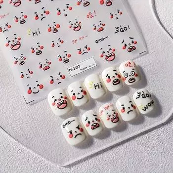 Милые наклейки для ногтей с улыбающимся лицом: 2 листа 5D рельефных наклеек для девочек, самоклеящиеся украшения для маникюра 2PCS