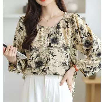 Милые напечатанные рубашки с круглым вырезом и длинным рукавом, повседневные женские рубашки, модные элегантные топы на пуговицах, свободные блузки, женские винтажные цветочные облегающие женские рубашки 26343 M