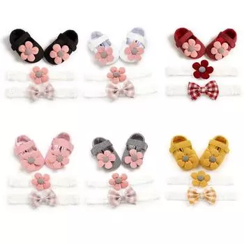 Милые Нескользящие повседневные прогулочные туфли для маленьких девочек, кроссовки с цветами, обувь на мягкой подошве + 2 повязки на голову, 3 костюма 0-6/S