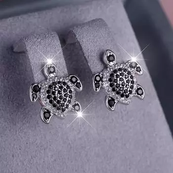 Милые нежные черные серьги-гвоздики в виде черепахи из циркония для женщин, серебряные винтажные свадебные украшения серебряный/чёрный
